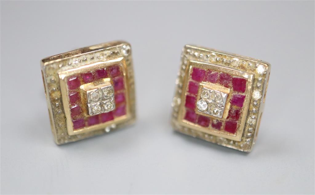 A small modern pair of 9ct, ruby and diamond set square cluster ear studs, 9mm, gross 1.9 grams.